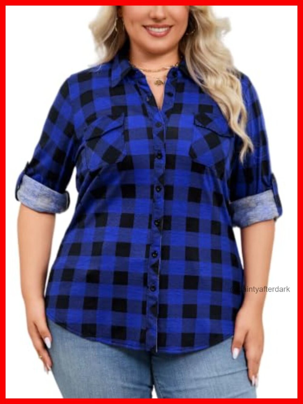 Stretchy Knit Plaid Button Down Shirt Roll Up Long Sleeve